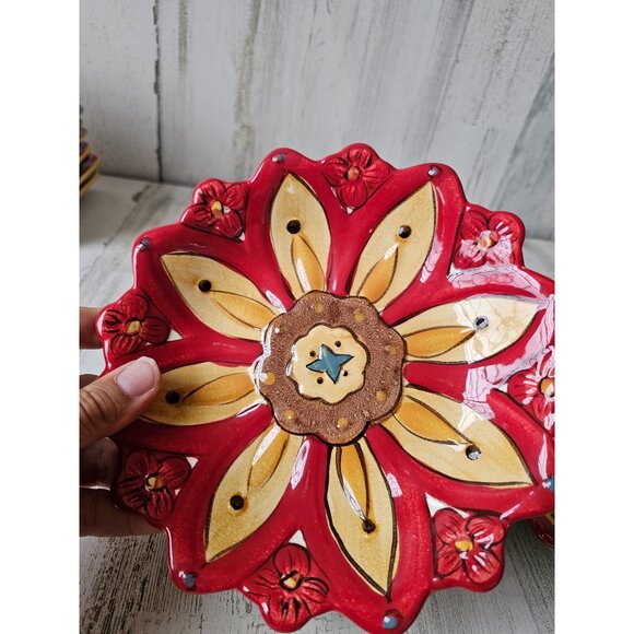 Pier 1 carynthum flower plate dessert salad red earthenware Bohemian unique set - Picture 2 of 7
